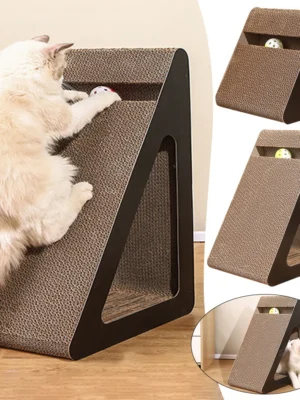 2 In 1 Cat Scratcher Cardboard Triangles Shaped With Spinnings Balls Sturdy Anti-Scratch Relieves Cat Stress Toy For Pet Use